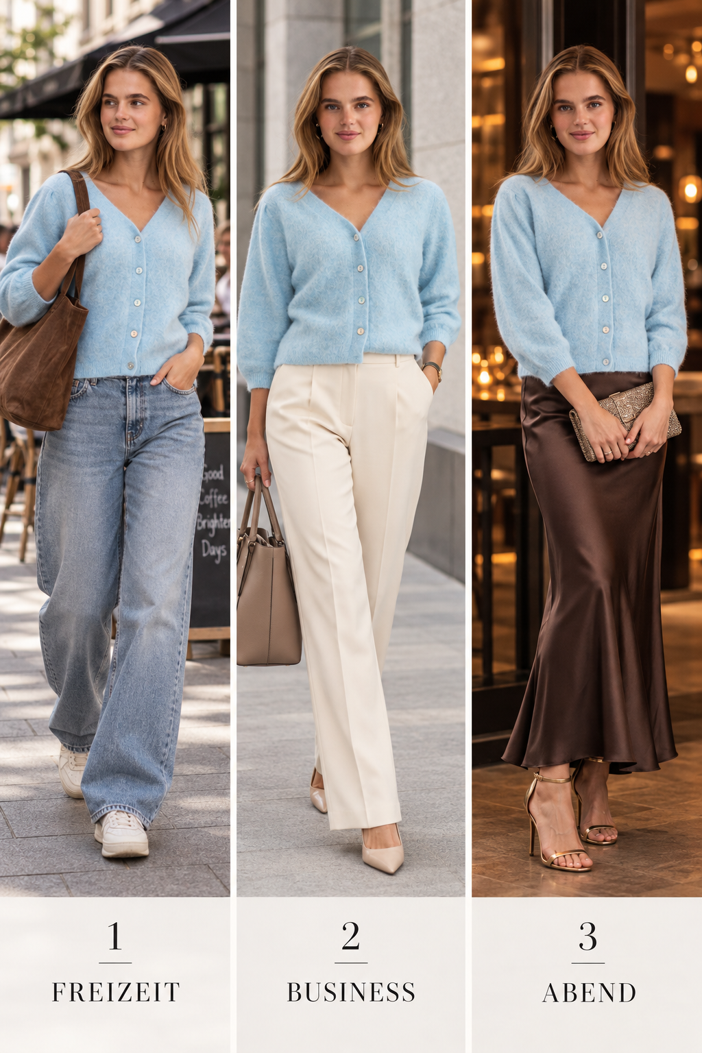 Drei Styling-Ideen für Cardigan Nusuri: Freizeit, Business und Abend