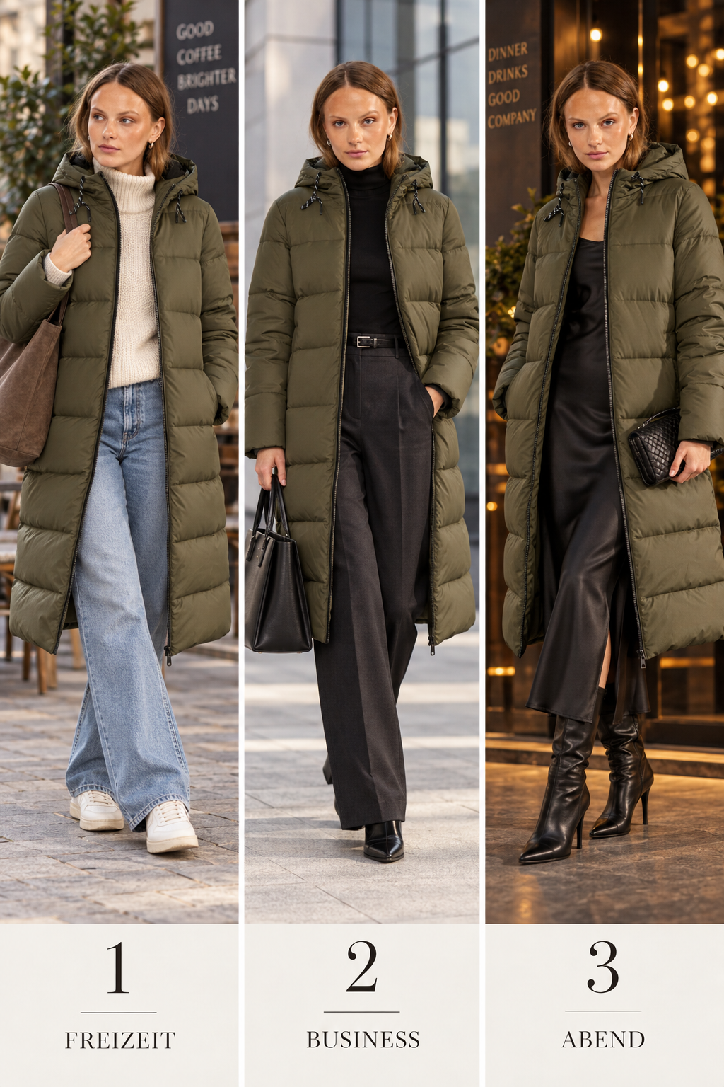 Drei Styling-Ideen für Steppmantel Nuarven: Freizeit, Business und Abend