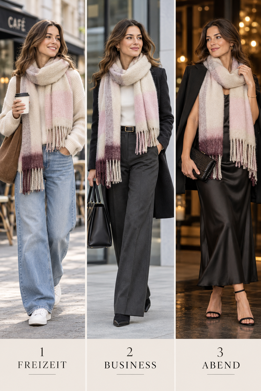 Drei Styling-Ideen für Big Schal Nubanja: Freizeit, Business und Abend