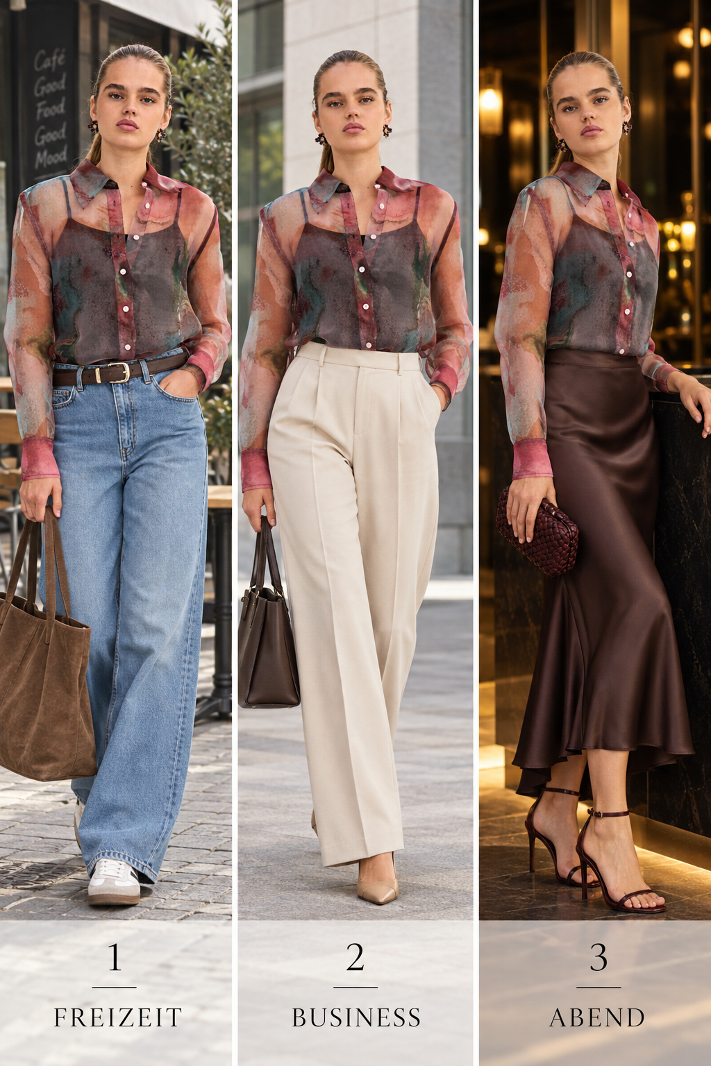 Drei Styling-Ideen für Transparent Bluse Nudorte: Freizeit, Business und Abend