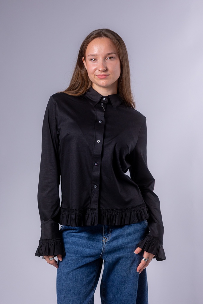 [P3529_61003_SW-S] Jersey Bluse mit Rüschenborte (S)
